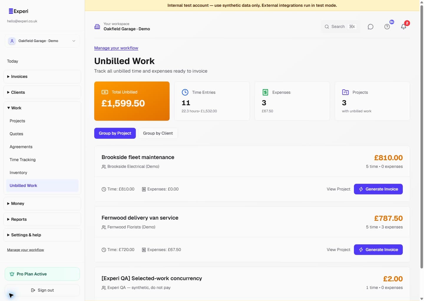 Unbilled time and expense summaries grouped by client project.