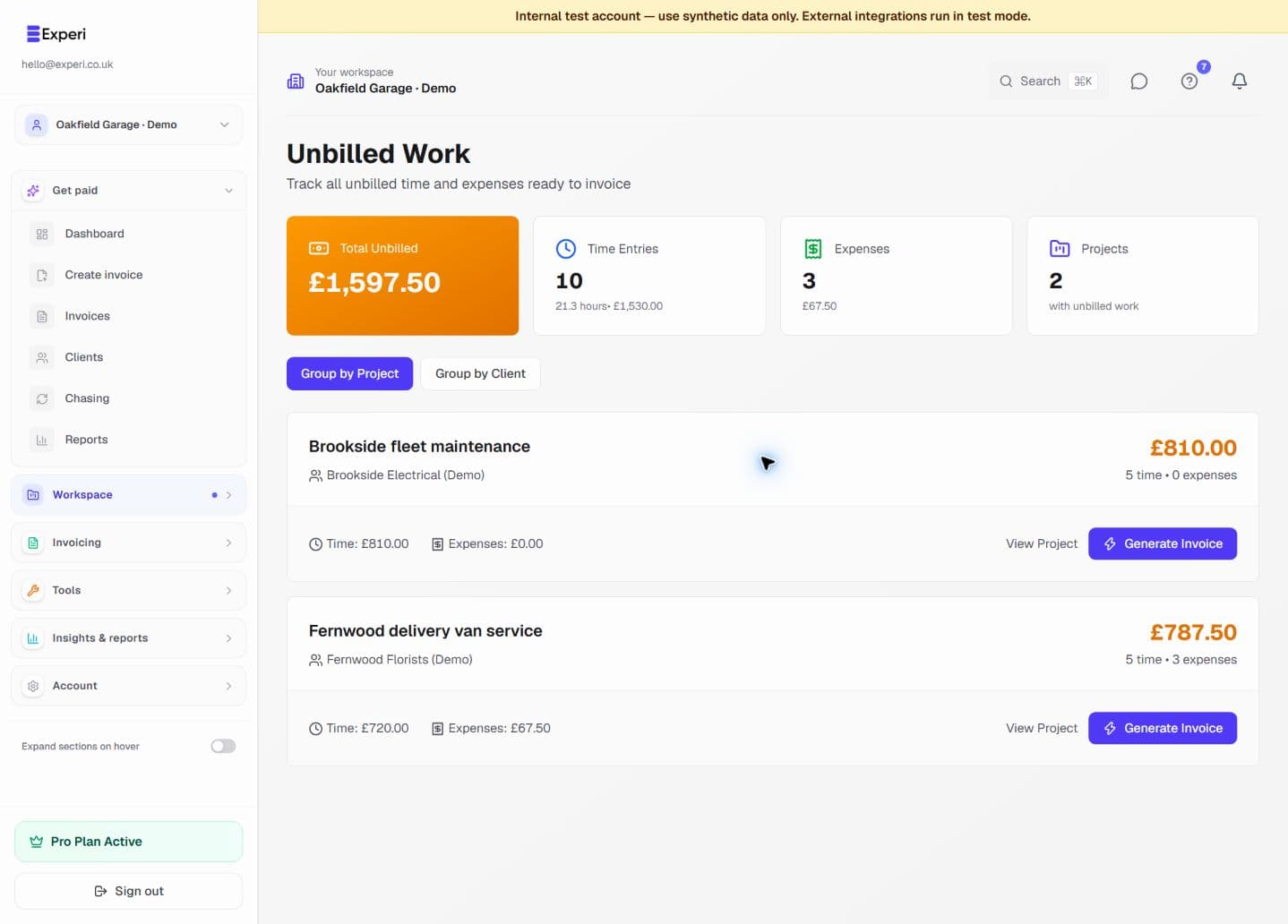 Unbilled time and expense summaries grouped by client project.