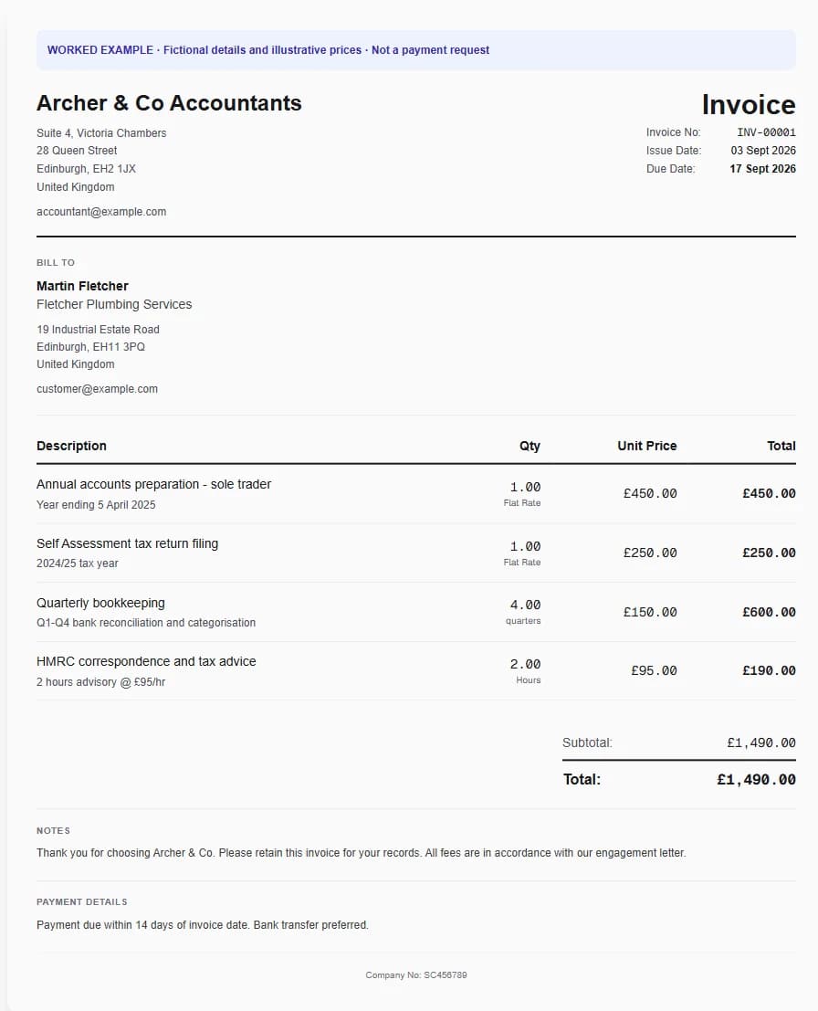 Fictional accountant worked invoice showing annual accounts preparation - sole trader, self assessment tax return filing, quarterly bookkeeping and illustrative GBP totals.