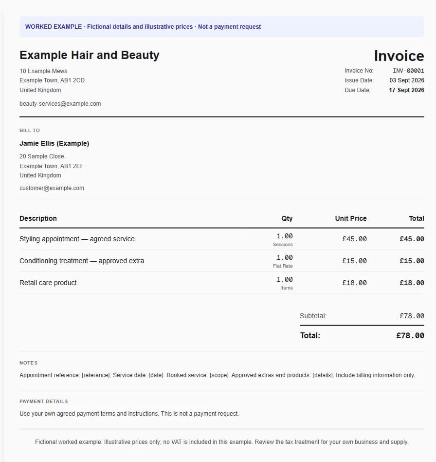 Fictional hair & beauty services worked invoice showing styling appointment — agreed service, conditioning treatment — approved extra, retail care product and illustrative GBP totals.