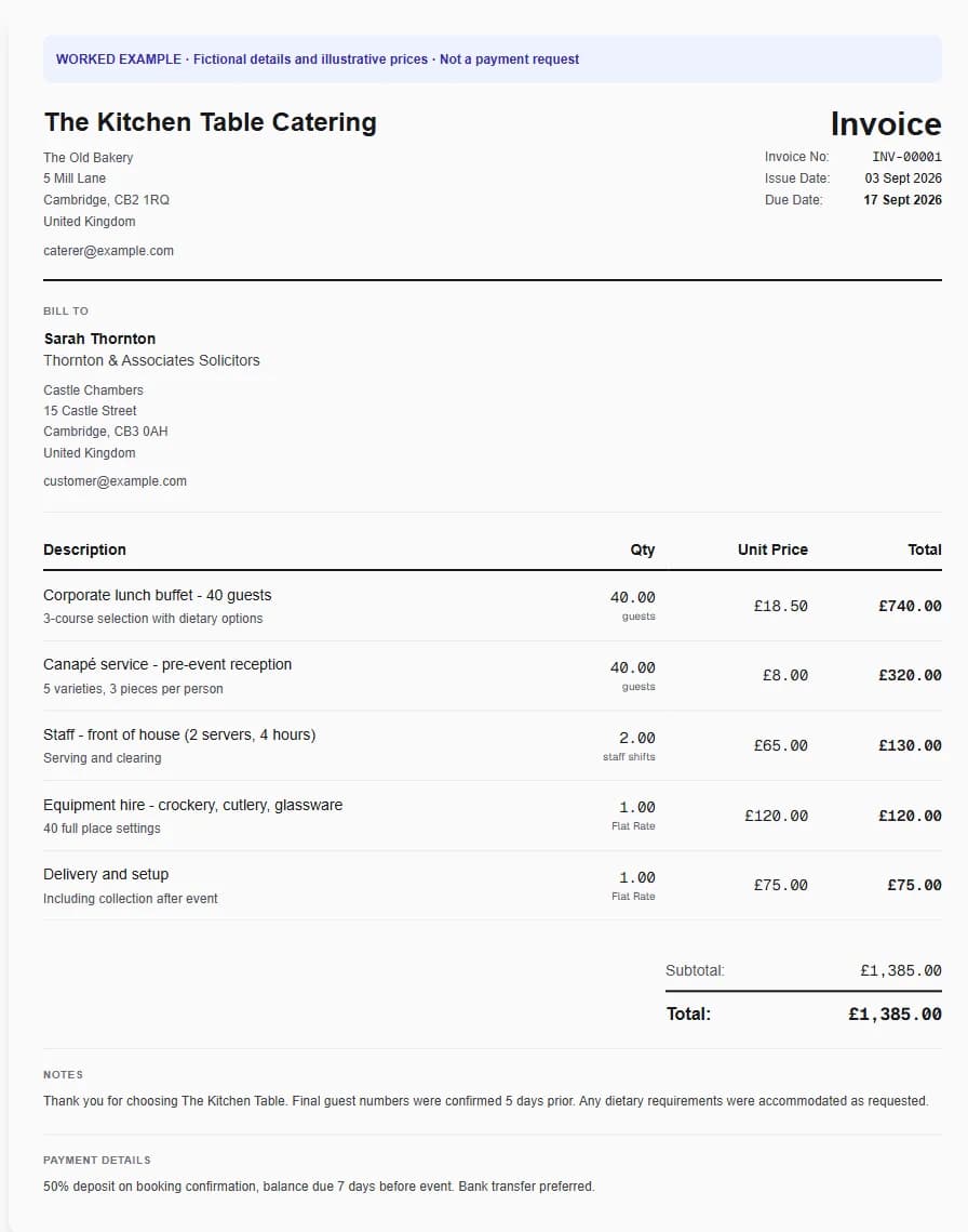 Fictional caterer worked invoice showing corporate lunch buffet - 40 guests, canapé service - pre-event reception, staff - front of house (2 servers, 4 hours) and illustrative GBP totals.