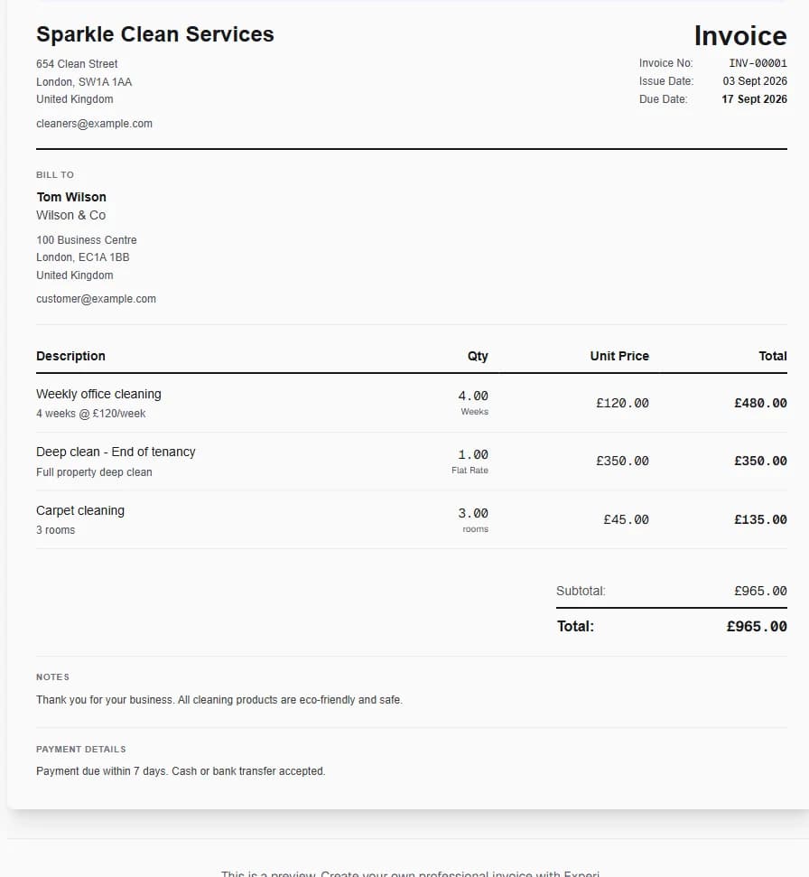 Fictional cleaner worked invoice showing weekly office cleaning, deep clean - end of tenancy, carpet cleaning and illustrative GBP totals.