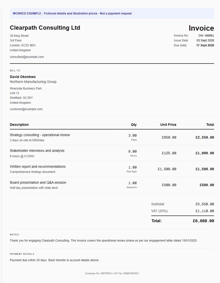 Fictional consultant worked invoice showing strategy consulting - operational review, stakeholder interviews and analysis, written report and recommendations and illustrative GBP totals.
