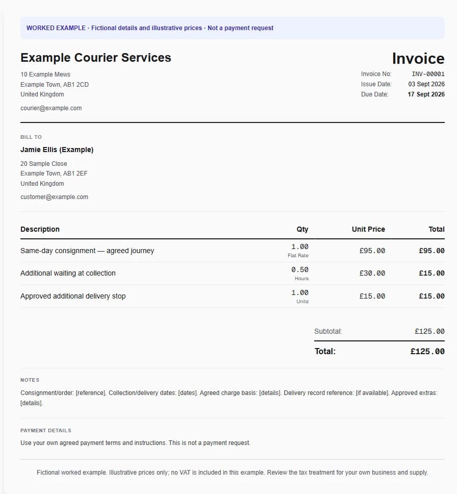 Fictional courier & logistics worked invoice showing same-day consignment — agreed journey, additional waiting at collection, approved additional delivery stop and illustrative GBP totals.