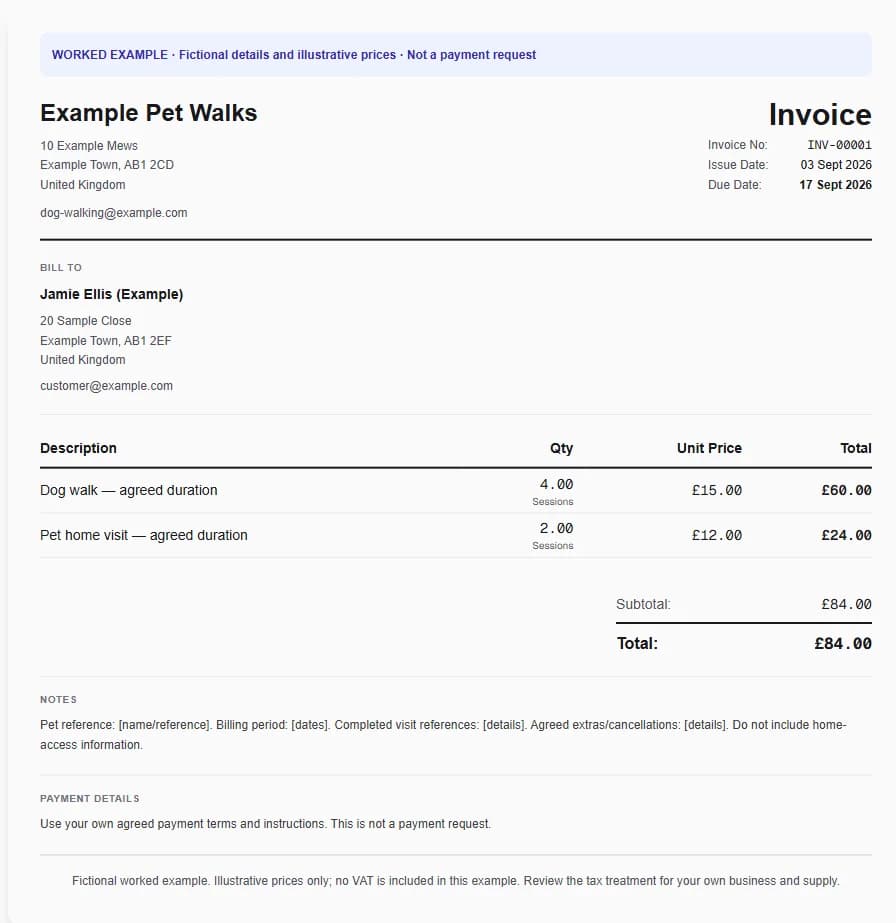 Fictional dog walking & pet visits worked invoice showing dog walk — agreed duration, pet home visit — agreed duration and illustrative GBP totals.
