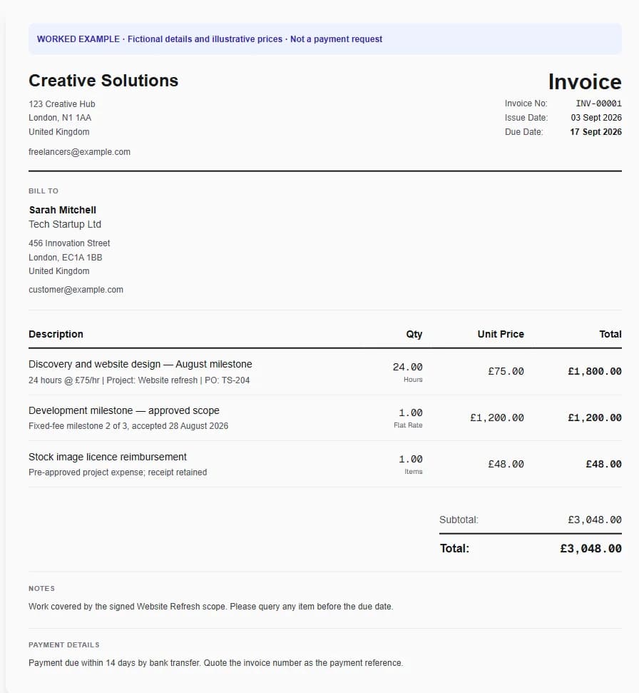 Fictional freelancer worked invoice showing discovery and website design — august milestone, development milestone — approved scope, stock image licence reimbursement and illustrative GBP totals.