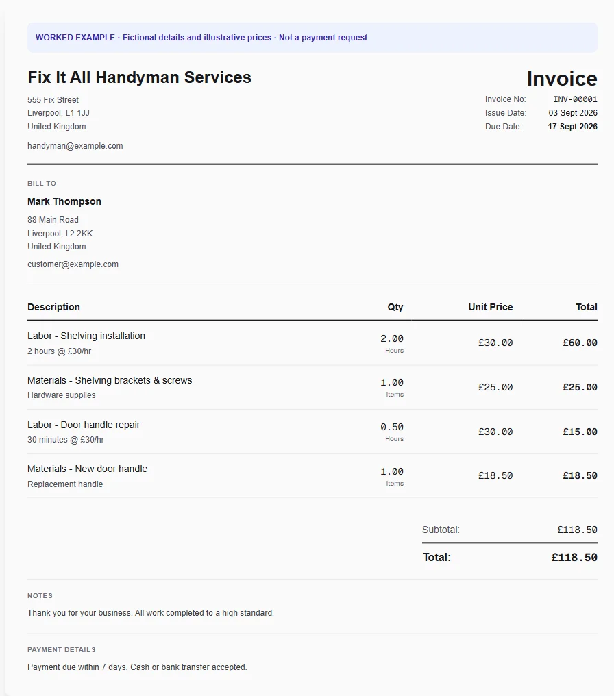 Fictional handyman worked invoice showing labor - shelving installation, materials - shelving brackets & screws, labor - door handle repair and illustrative GBP totals.