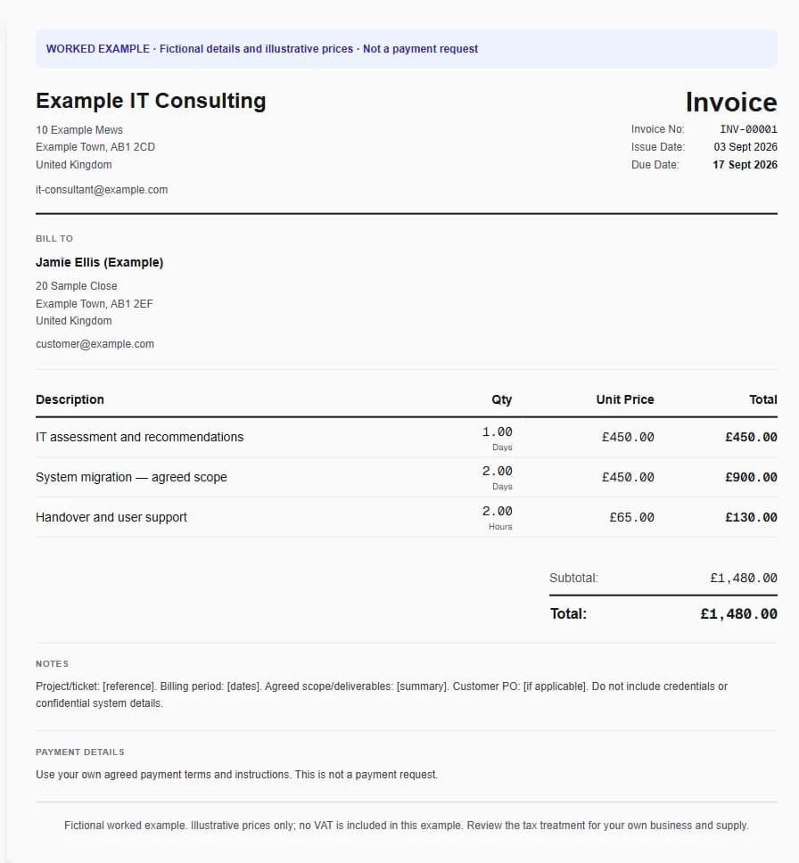 Fictional it consulting & support worked invoice showing it assessment and recommendations, system migration — agreed scope, handover and user support and illustrative GBP totals.