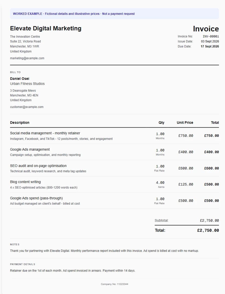 Fictional marketing professional worked invoice showing social media management - monthly retainer, google ads management, seo audit and on-page optimisation and illustrative GBP totals.