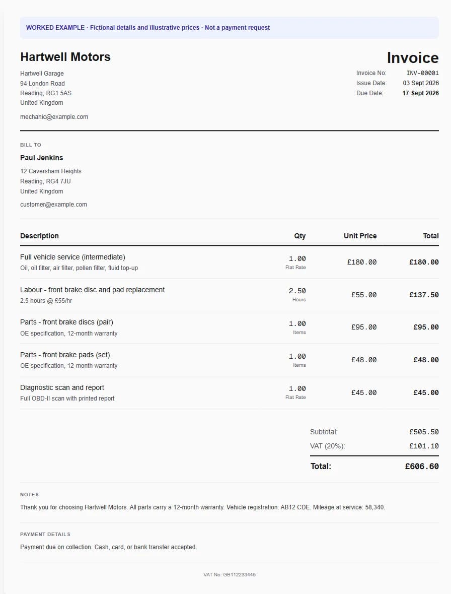 Fictional mechanic worked invoice showing full vehicle service (intermediate), labour - front brake disc and pad replacement, parts - front brake discs (pair) and illustrative GBP totals.