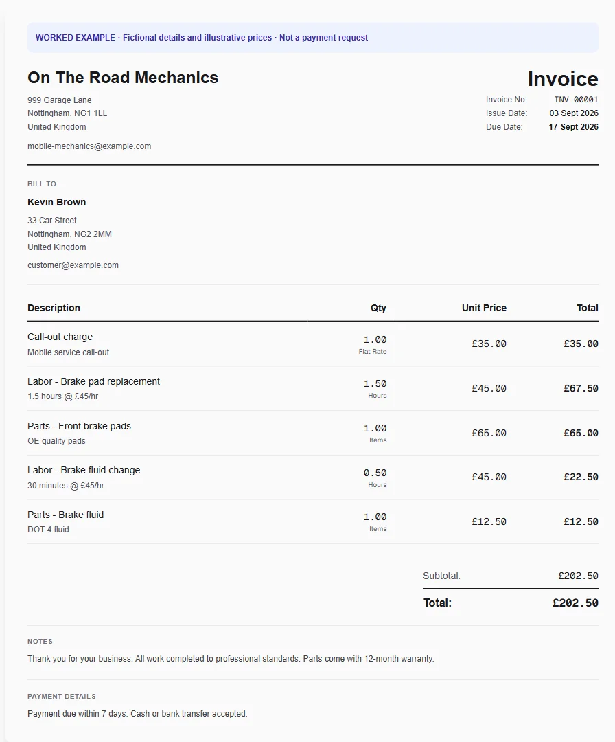 Fictional mobile mechanic worked invoice showing call-out charge, labor - brake pad replacement, parts - front brake pads and illustrative GBP totals.