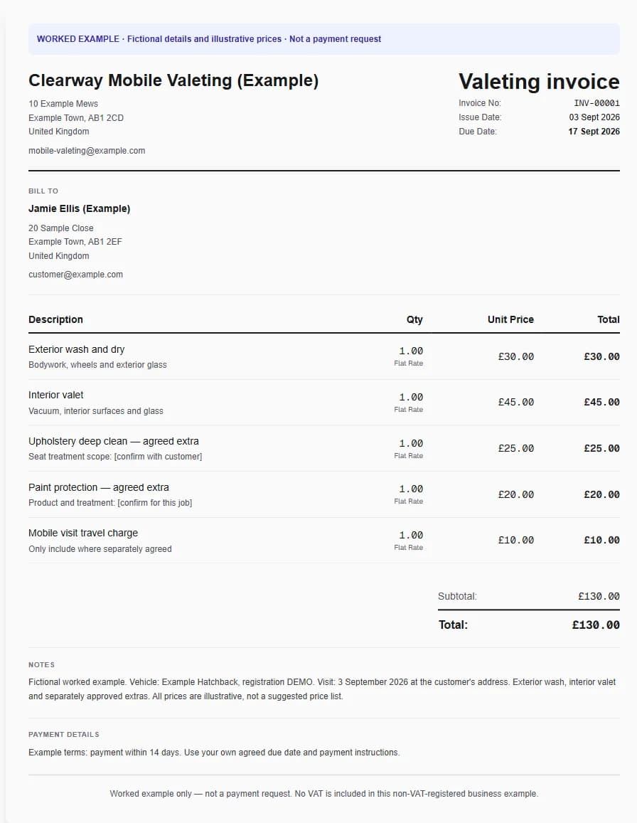 Fictional mobile valeting worked invoice showing exterior wash and dry, interior valet, upholstery deep clean — agreed extra and illustrative GBP totals.