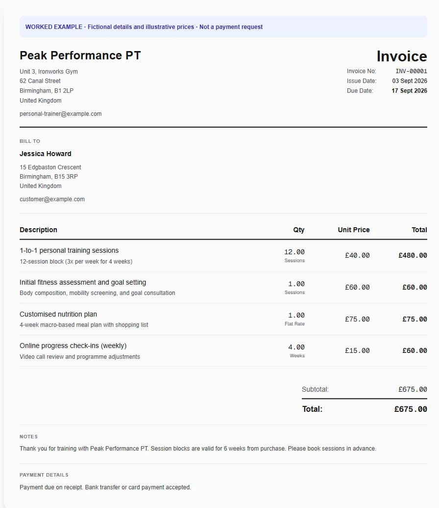Fictional personal trainer worked invoice showing 1-to-1 personal training sessions, initial fitness assessment and goal setting, customised nutrition plan and illustrative GBP totals.