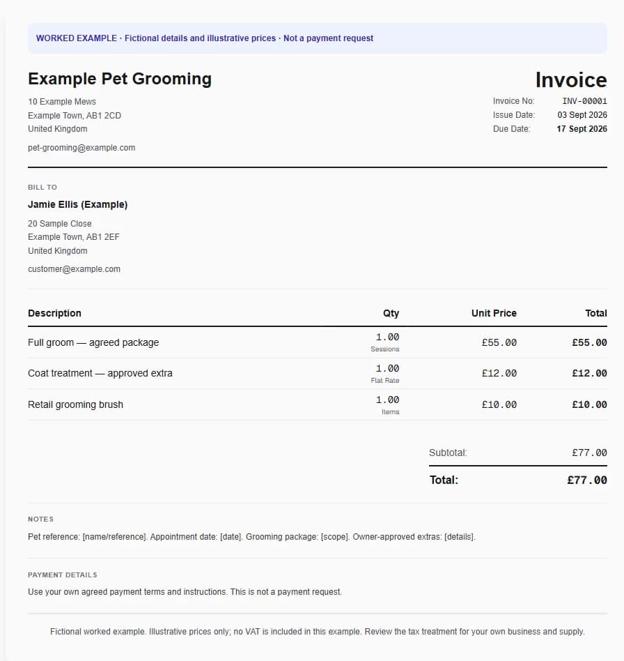 Fictional pet grooming worked invoice showing full groom — agreed package, coat treatment — approved extra, retail grooming brush and illustrative GBP totals.