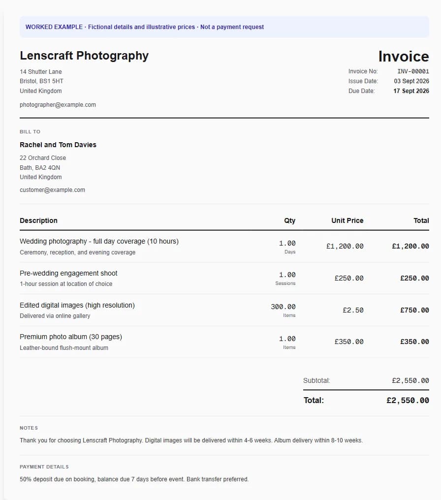 Fictional photographer worked invoice showing wedding photography - full day coverage (10 hours), pre-wedding engagement shoot, edited digital images (high resolution) and illustrative GBP totals.