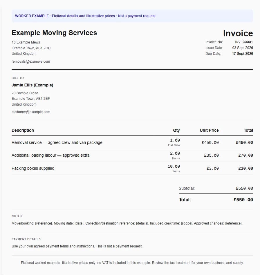 Fictional removals & moving worked invoice showing removal service — agreed crew and van package, additional loading labour — approved extra, packing boxes supplied and illustrative GBP totals.