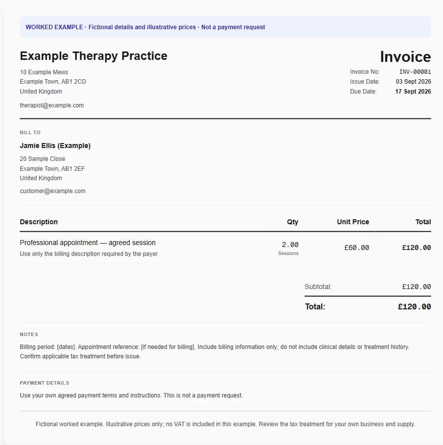 Fictional therapy & counselling worked invoice showing professional appointment — agreed session and illustrative GBP totals.
