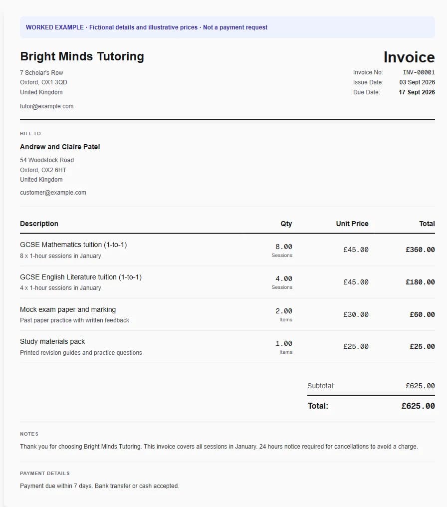 Fictional tutor worked invoice showing gcse mathematics tuition (1-to-1), gcse english literature tuition (1-to-1), mock exam paper and marking and illustrative GBP totals.