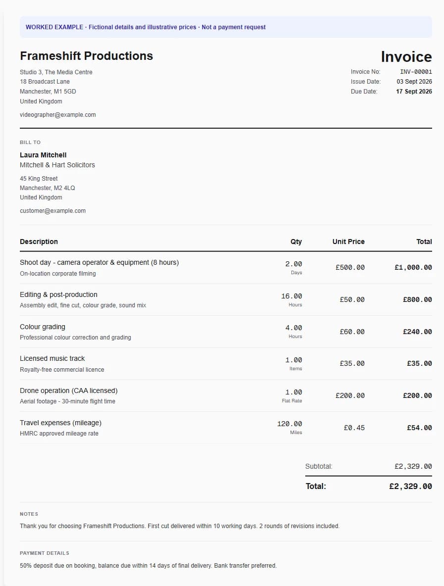 Fictional videographer worked invoice showing shoot day - camera operator & equipment (8 hours), editing & post-production, colour grading and illustrative GBP totals.