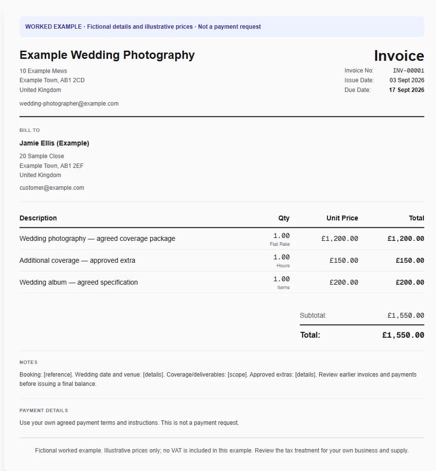 Fictional wedding photography worked invoice showing wedding photography — agreed coverage package, additional coverage — approved extra, wedding album — agreed specification and illustrative GBP totals.