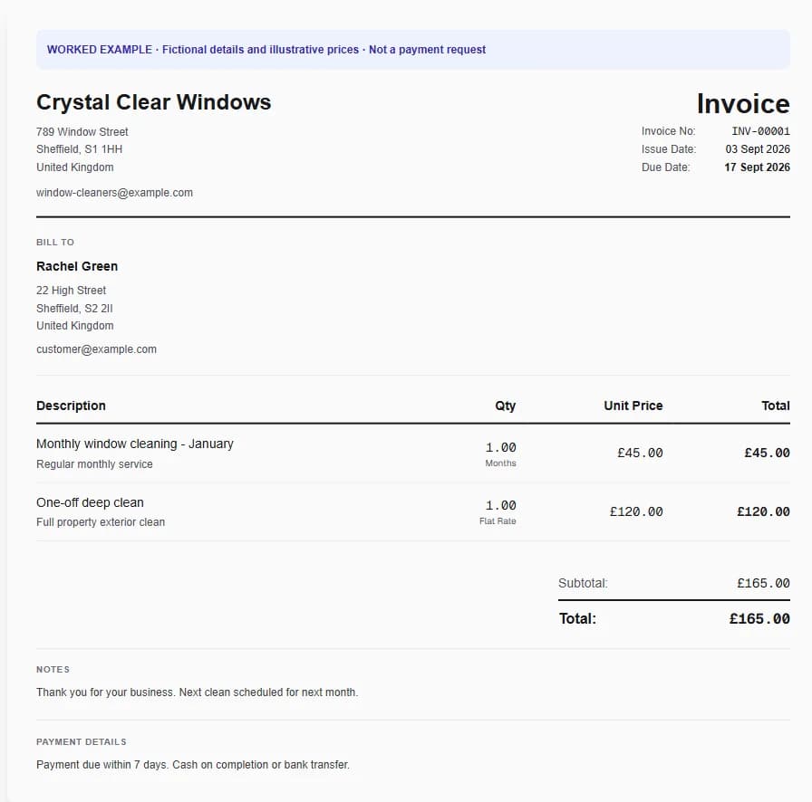 Fictional window cleaner worked invoice showing monthly window cleaning - january, one-off deep clean and illustrative GBP totals.